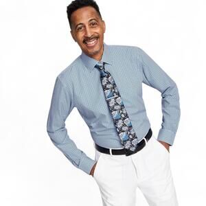 Tayion Men's Slim-Fit Plaid Stretch Dress Shirt Blue White Large 16-16.5 32-33